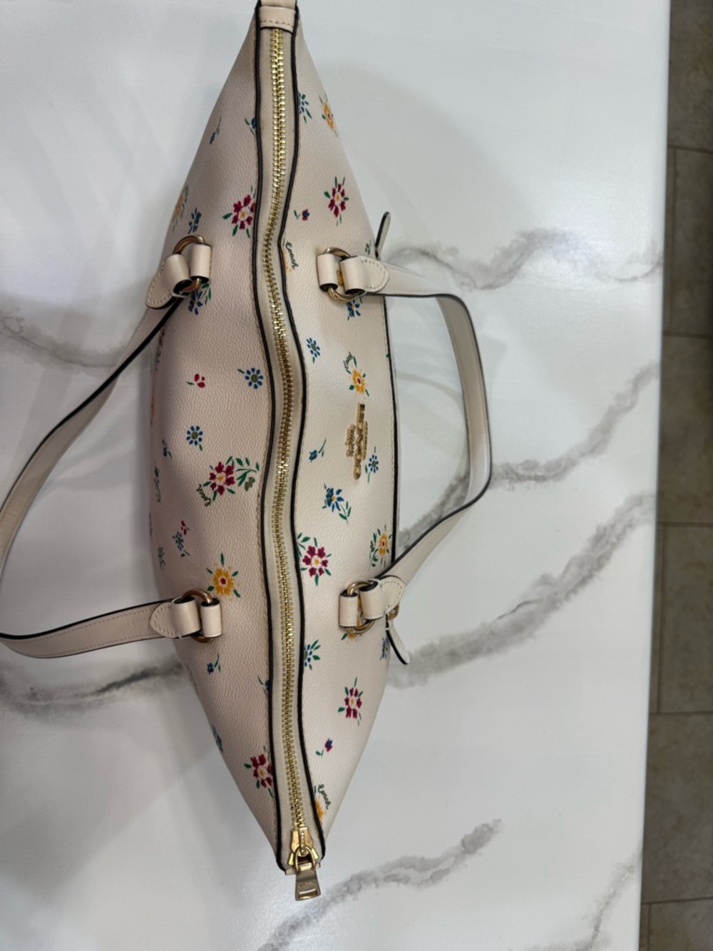 Coach Floral Print Tote Cream Canvas Leather Trim Zip Top Shoulder Bag - Picture 6 of 10
